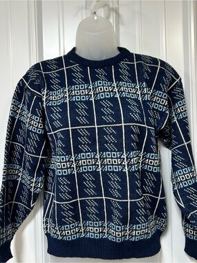 Vintage 1980s Crewneck Acrylic Knit Sweater Geometric Pattern Made In Romania